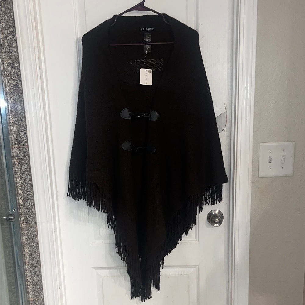 LA Express dark brown Fringe Poncho